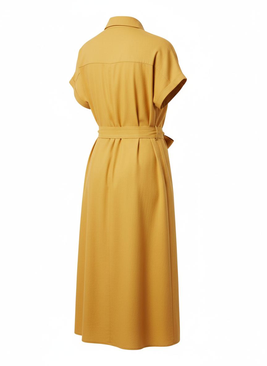 Yellow Short Sleeve Cotton Blend Shirt Dress for Women