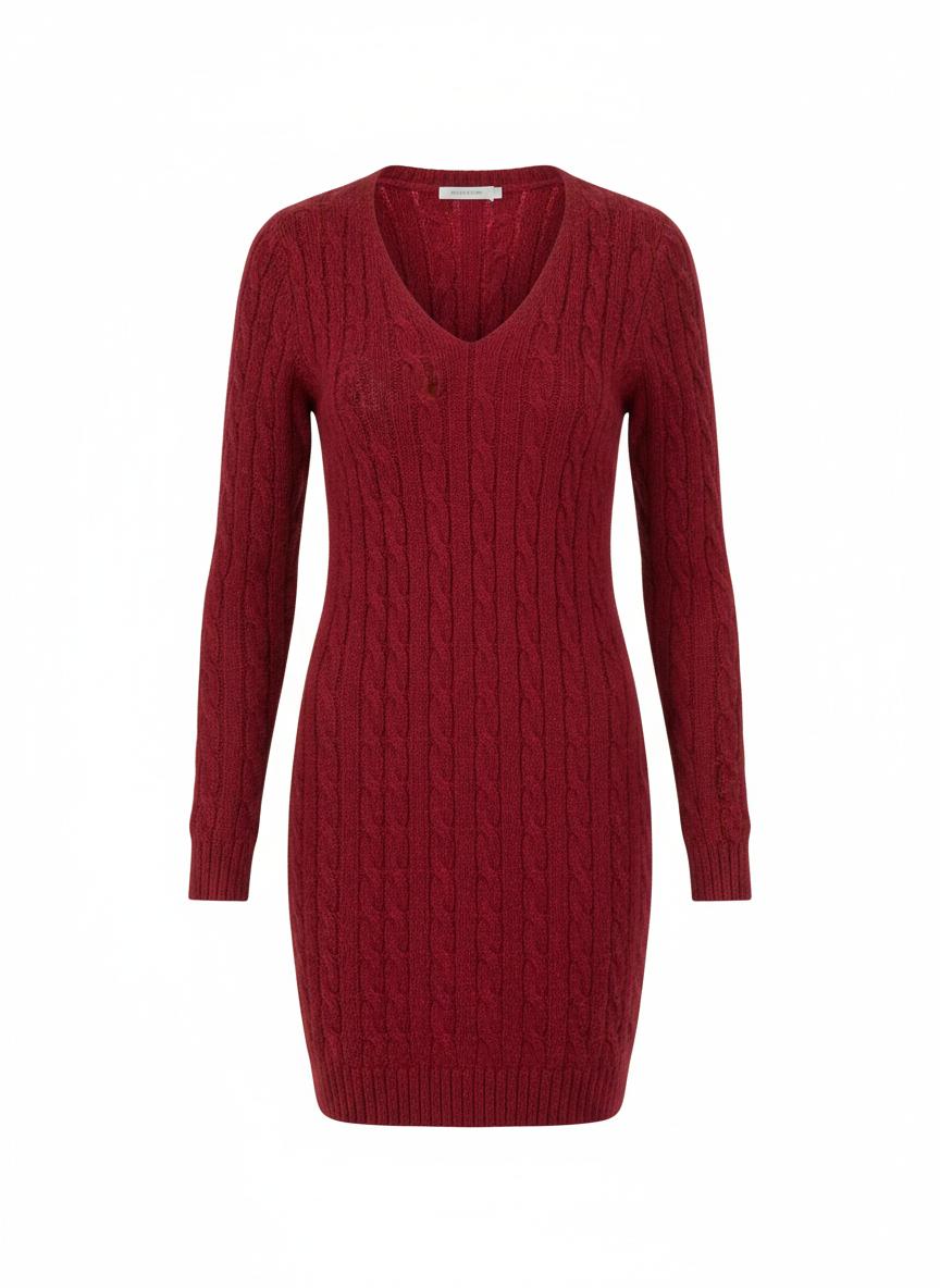 Red V-Neck Knit Dress for Women