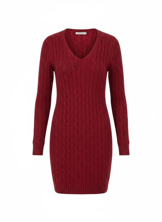 Red V-Neck Knit Dress for Women
