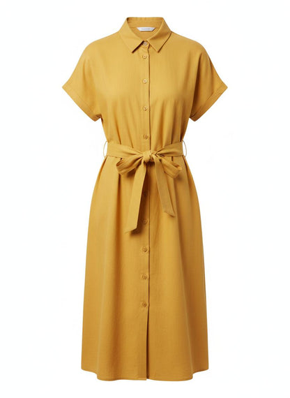Yellow Short Sleeve Cotton Blend Shirt Dress for Women
