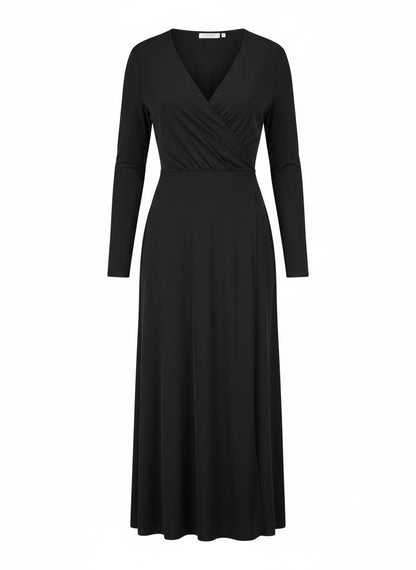 Black Midi Polyester Blend Wrap Dress for Women