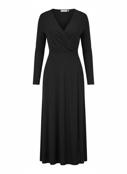 Black Midi Polyester Blend Wrap Dress for Women