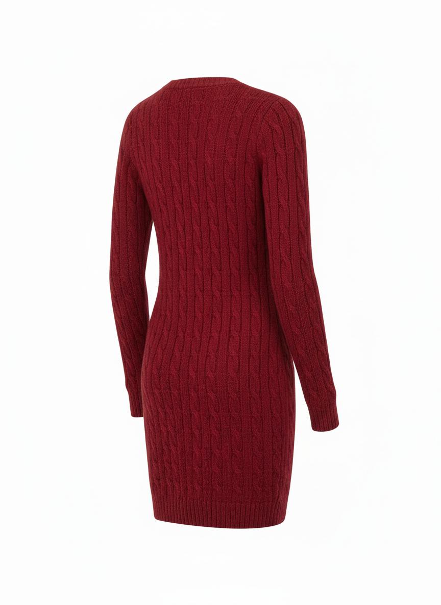 Red V-Neck Knit Dress for Women